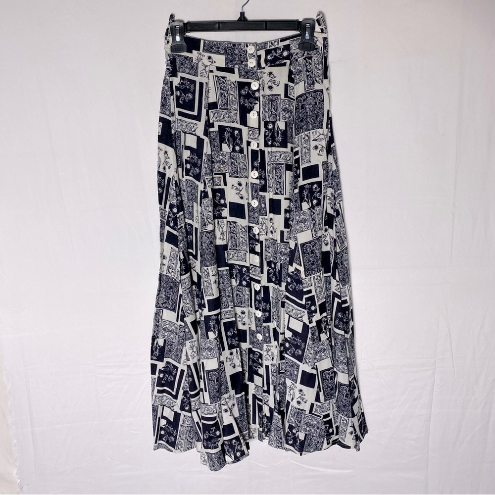 Vintage Dalmys Black Cream Button Front Multi Floral Midi Skirt S